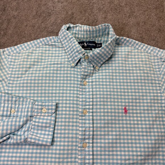 Ralph Lauren Oxford Shirt Men XL Blue White Gingham Check OCBD Custom Fit - Picture 1 of 14